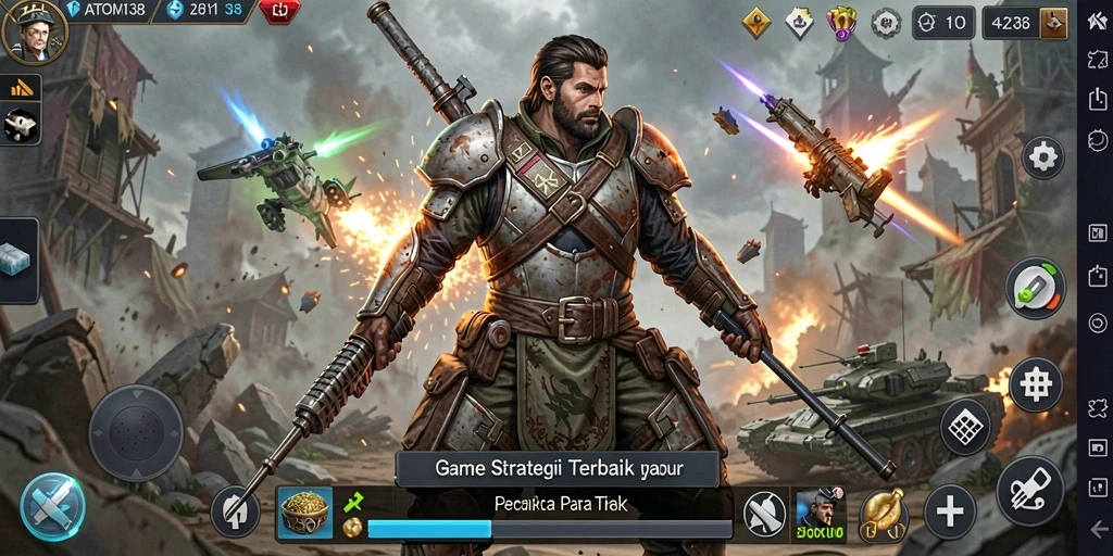 Screenshot aksi permainan ATOM138 yang menampilkan pertempuran strategi intens.