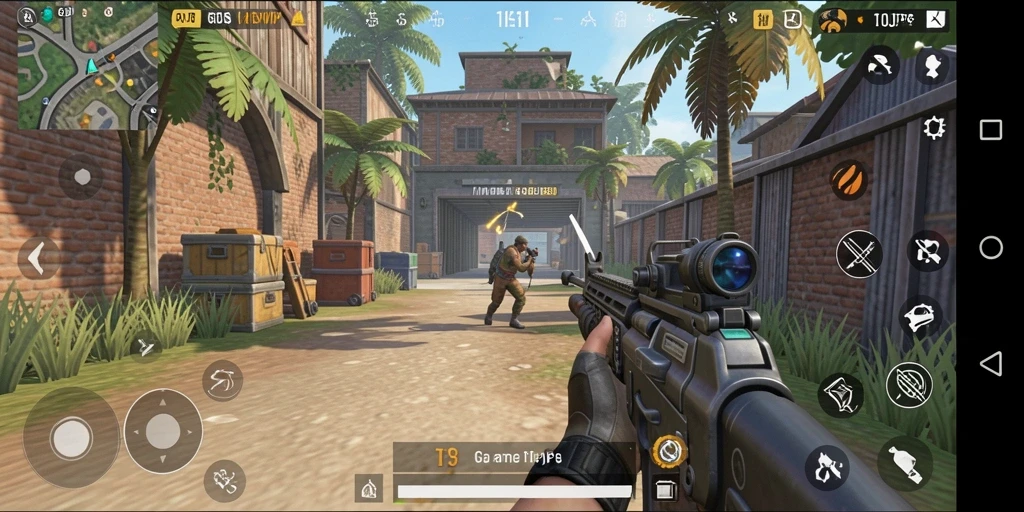 Screenshot gameplay GOJEKVIP menampilkan pertarungan intens di peta yang luas.