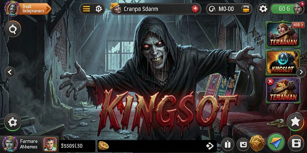 Screenshot utama KINGSLOT menampilkan atmosfer horror yang mencekam.