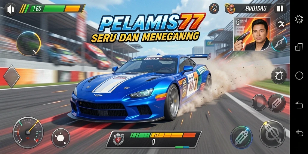 Gameplay PELAMIS77 yang seru dengan mobil balap di lintasan.
